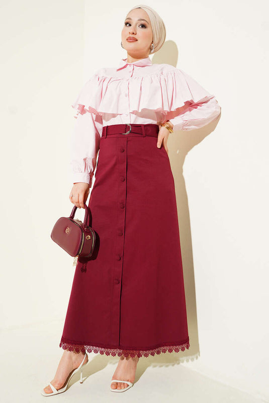 Etek Ucu Güpürlü Düğme Detaylı Etek Bordo