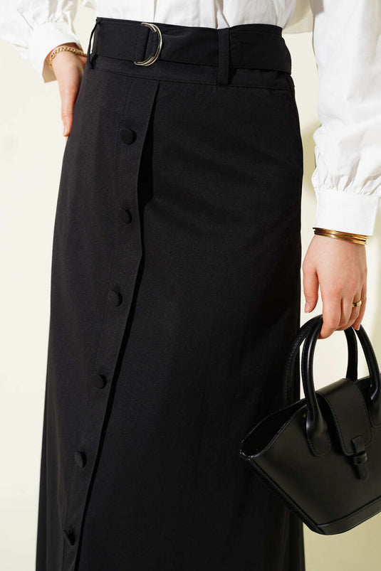 Gonna con bordo in pizzo e dettaglio bottoni Nera