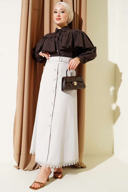 Etek Ucu Güpürlü Düğme Detaylı Etek Taş