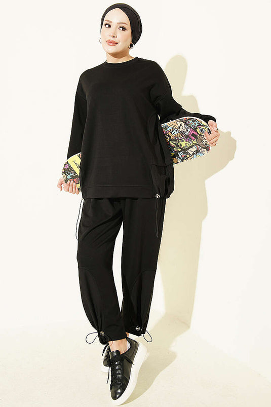 Black Skirt Hem Elasticated Two-Piece Set