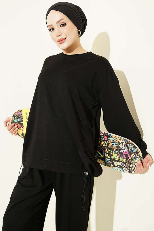 Black Skirt Hem Elasticated Two-Piece Set