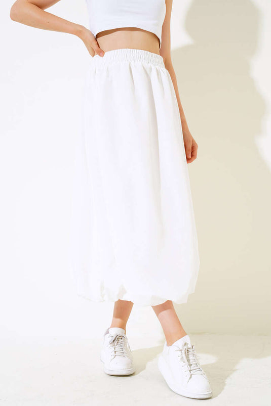 Balloon Skirt with Elastic Hem, White