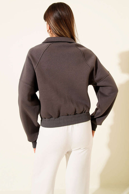 Three-Thread Short Cardigan with Elastic Hem, Smoke Grey