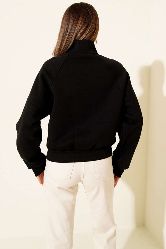 Three-Thread Short Cardigan with Elastic Hem, Black