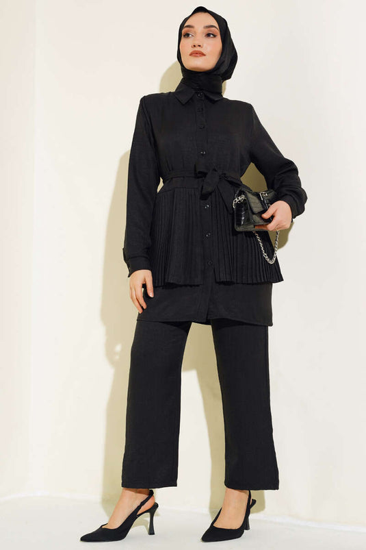 Ensemble deux pièces en lin plissé noir