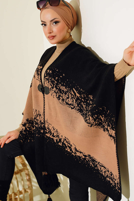 Poncho en tricot boutonné avec pompons à l'ourlet, Camel noir