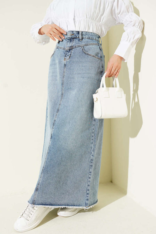 Etek Ucu Püsküllü Jean Etek Kot Mavisi