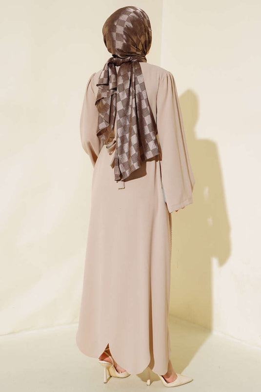 Abaya mit Gürtel und Steinen am Saum, Beige