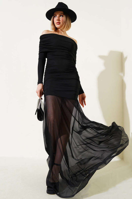 Etek Ucu Tül Büzgülü Kayık Yaka Elbise Siyah