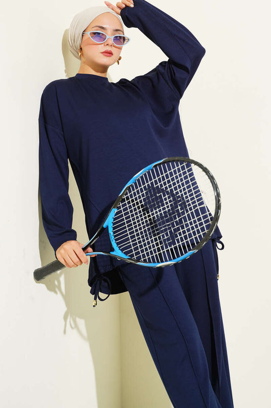 Loysha Two Piece Suit with Tunneled Hem, Navy Blue