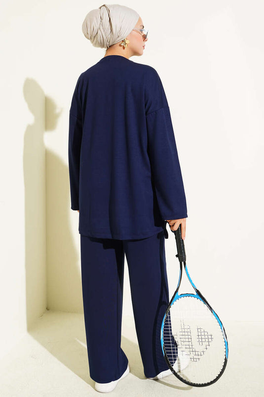 Loysha Two Piece Suit with Tunneled Hem, Navy Blue