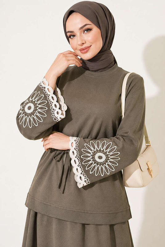 Haki Embroidered Hem And Cuff Skirt Suit