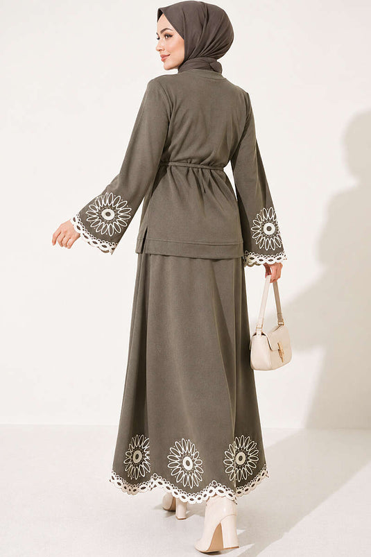 Haki Embroidered Hem And Cuff Skirt Suit