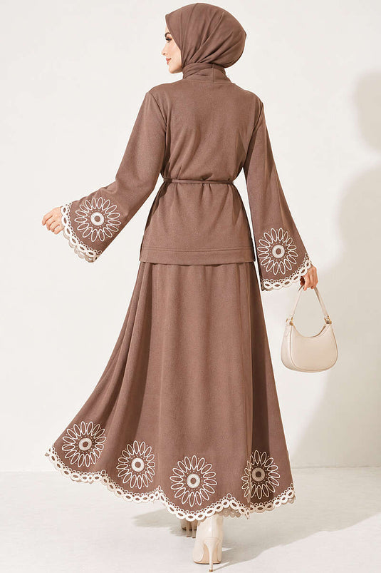 Embroidered Hem And Ankle Details Skirt Suit In Mink