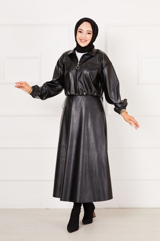 Costume En Cuir Avec Jupe Noir