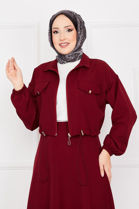 Doppelter Hijab-Anzug mit Rock, Weinrot