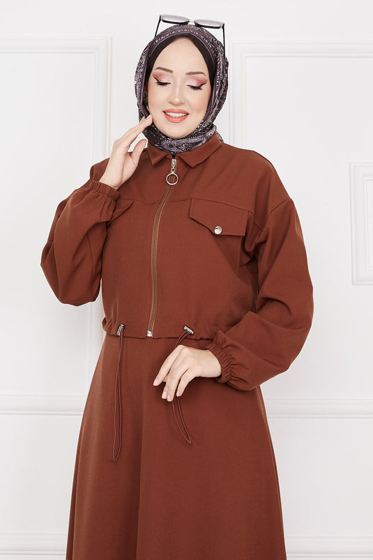 Ensemble hijab double jupe marron