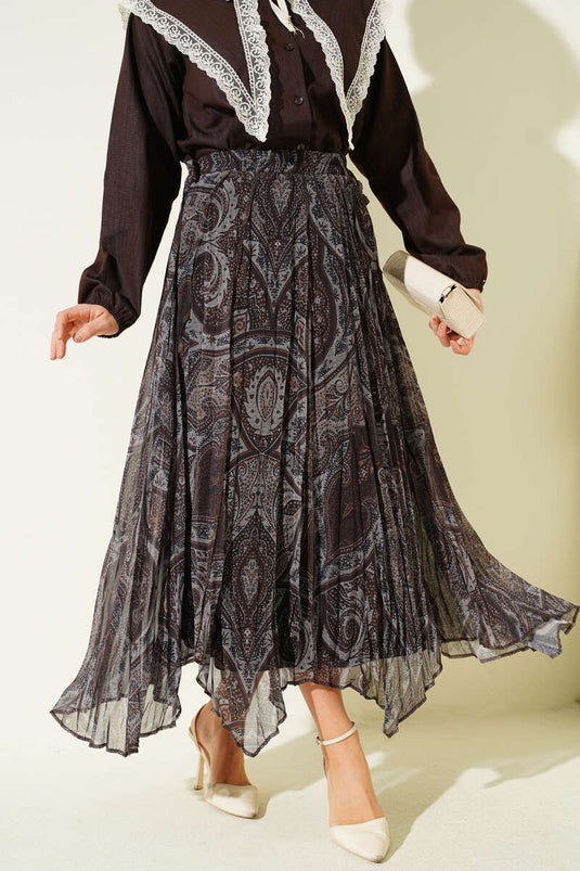 Ethnic Pattern Asymmetric Chiffon Skirt Brown