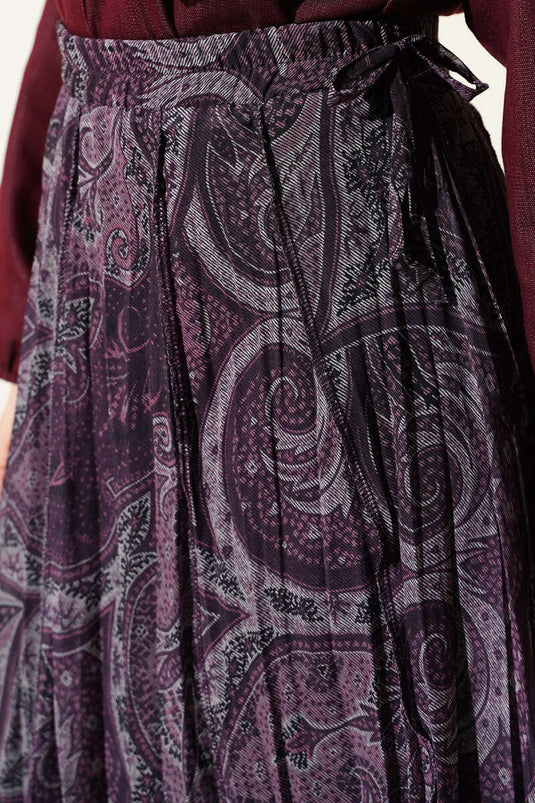 Ethnic Pattern Asymmetric Chiffon Skirt Burgundy