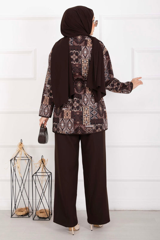 Ensemble à veste bordée motif ethnique marron