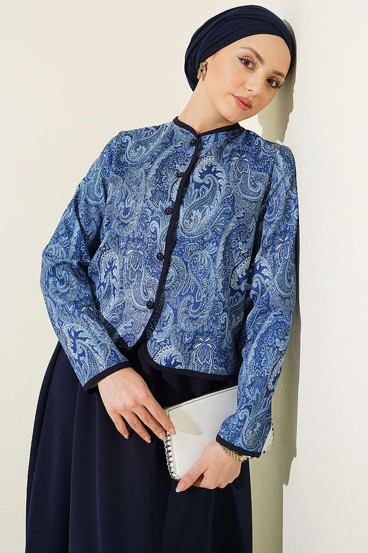 Completo doppio con giacca e gonna a motivo etnico, blu scuro