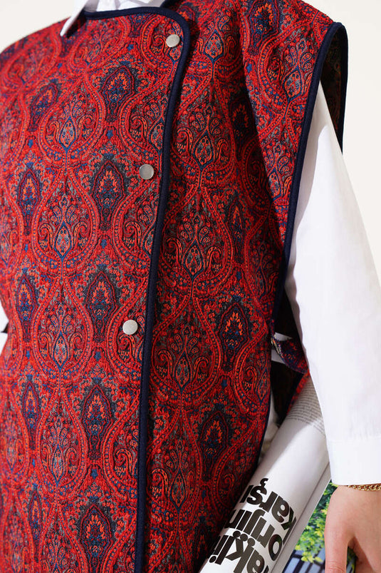 Ethnic Pattern Snap-On Sweater, Burgundy