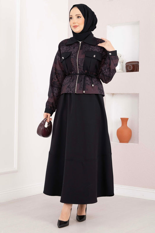 Ensemble jupe et veste courte à motif ethnique bordeaux