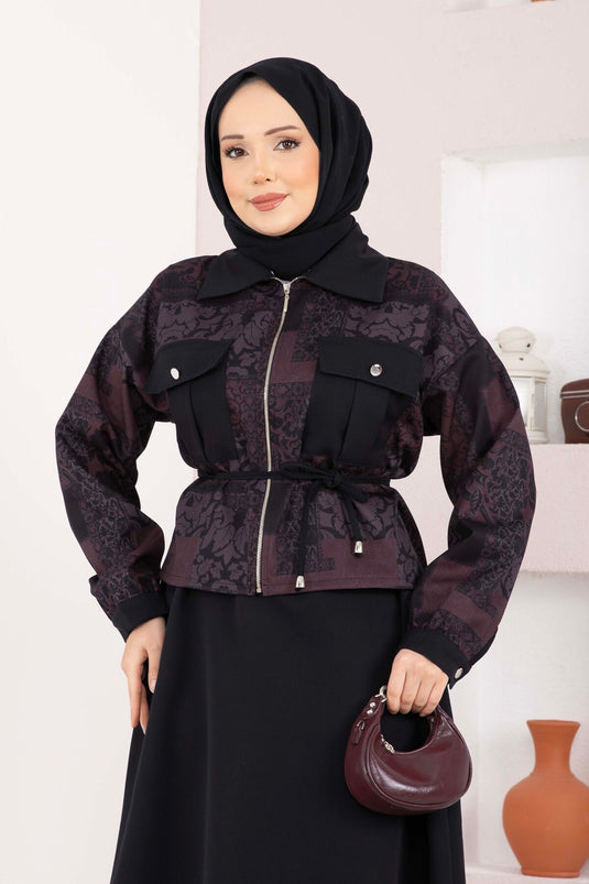 Ensemble jupe et veste courte à motif ethnique bordeaux