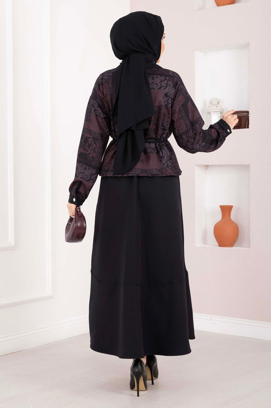 Ensemble jupe et veste courte à motif ethnique bordeaux