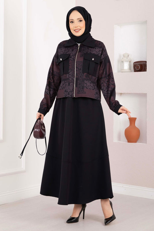 Ensemble jupe et veste courte à motif ethnique bordeaux