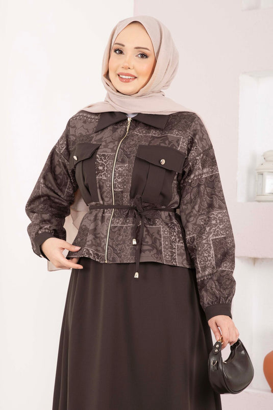Ethnic Pattern Crop Jacket and Skirt Set Brown