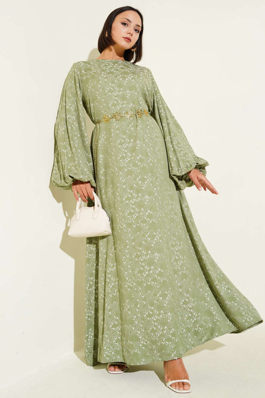 Robe ceinturée à motifs ethniques vert amande