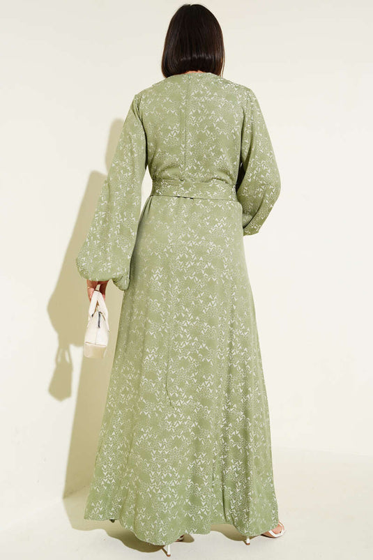Robe ceinturée à motifs ethniques vert amande