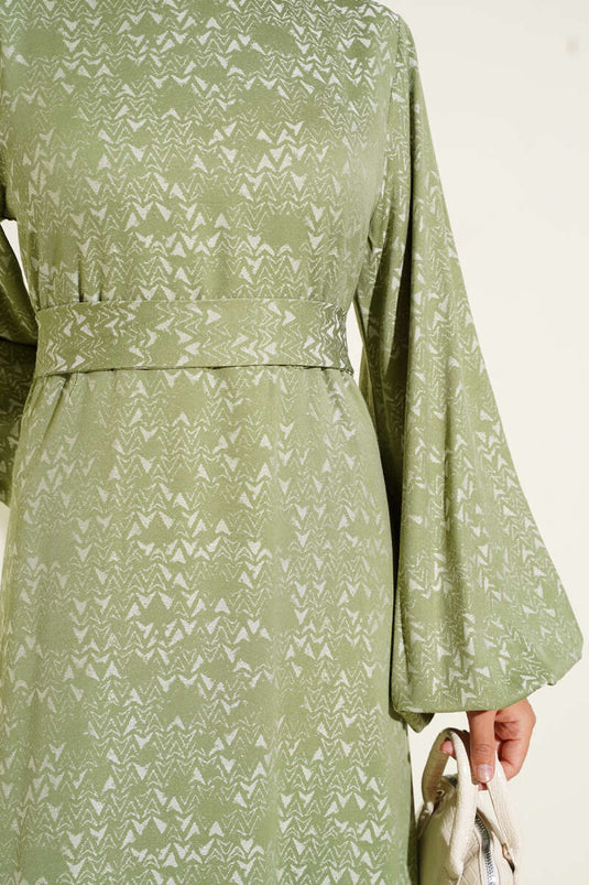 Robe ceinturée à motifs ethniques vert amande