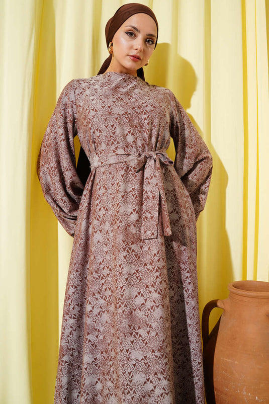 Ethnic Pattern Detailed Belted Dress Brown