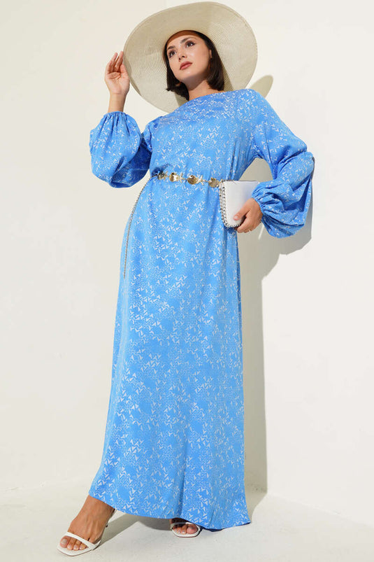 Ethnic Pattern Detailed Belted Dress Blue