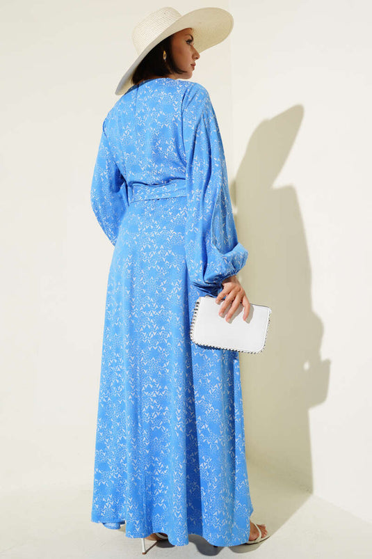 Ethnic Pattern Detailed Belted Dress Blue