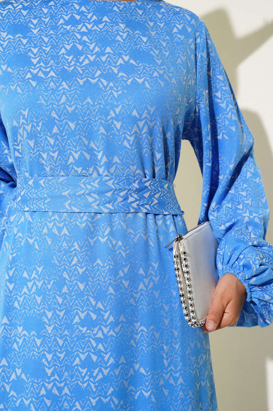 Ethnic Pattern Detailed Belted Dress Blue