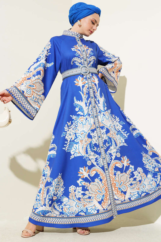 Ethnic Pattern Buttoned Belted Dress Saxe