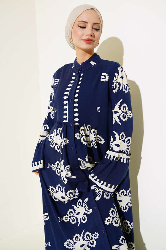 Robe décontractée boutonnée à motif ethnique bleu marine