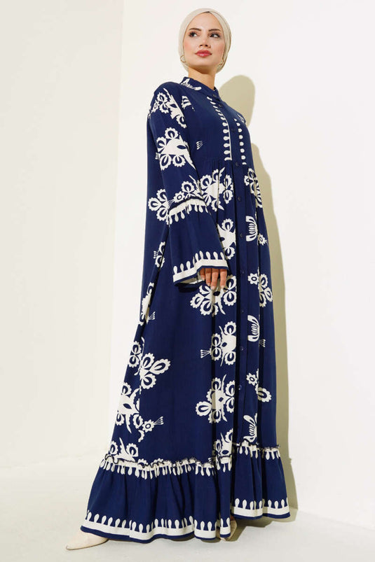 Robe décontractée boutonnée à motif ethnique bleu marine