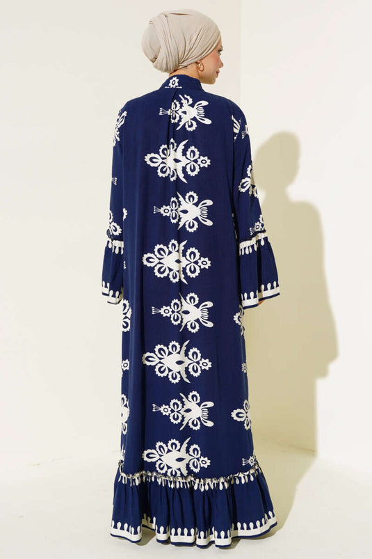 Robe décontractée boutonnée à motif ethnique bleu marine