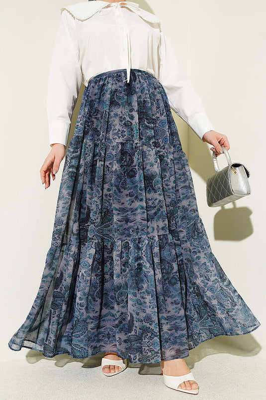 Gonna a strati in chiffon con motivo etnico indaco