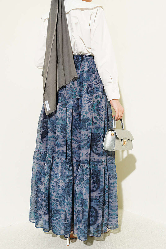 Gonna a strati in chiffon con motivo etnico indaco