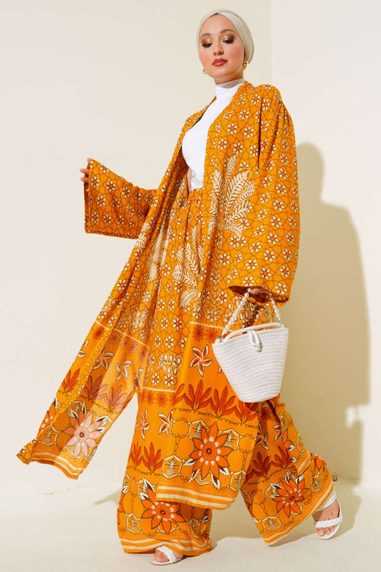 Ensemble Double Kimono Motif Ethnique Moutarde