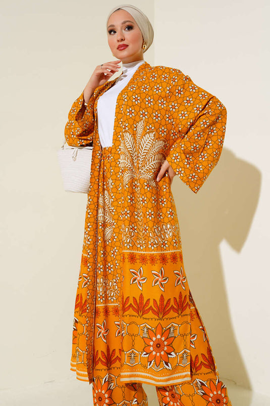 Ensemble Double Kimono Motif Ethnique Moutarde