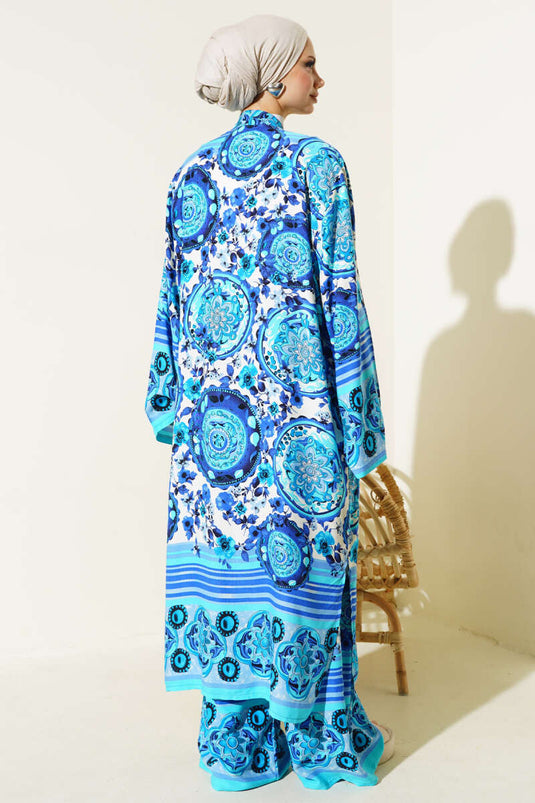 Ethnic Pattern Kimono Two-Piece Set Blue