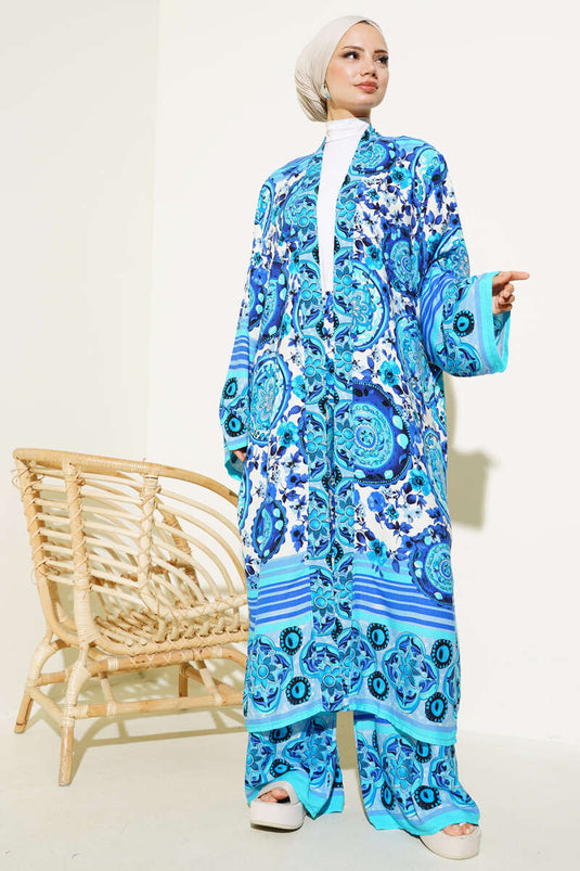 Ethnic Pattern Kimono Two-Piece Set Blue