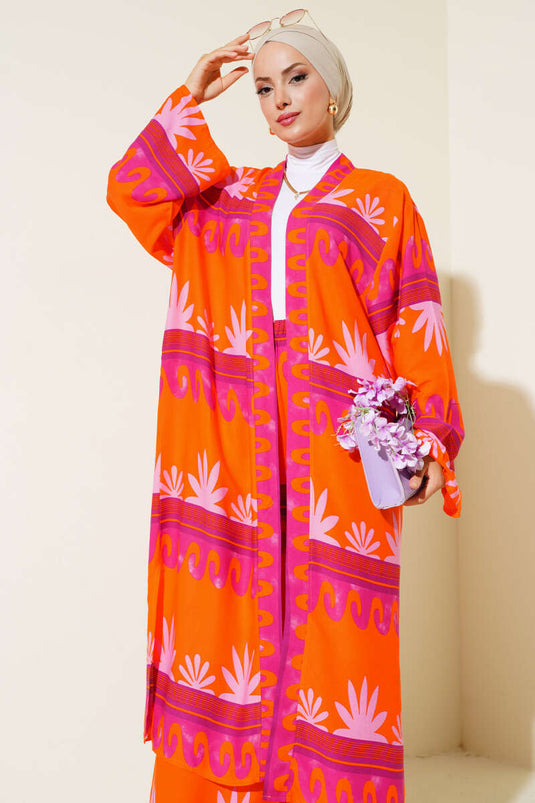 Etnik Desen Kimono İkili Takım Oranj Fuşya