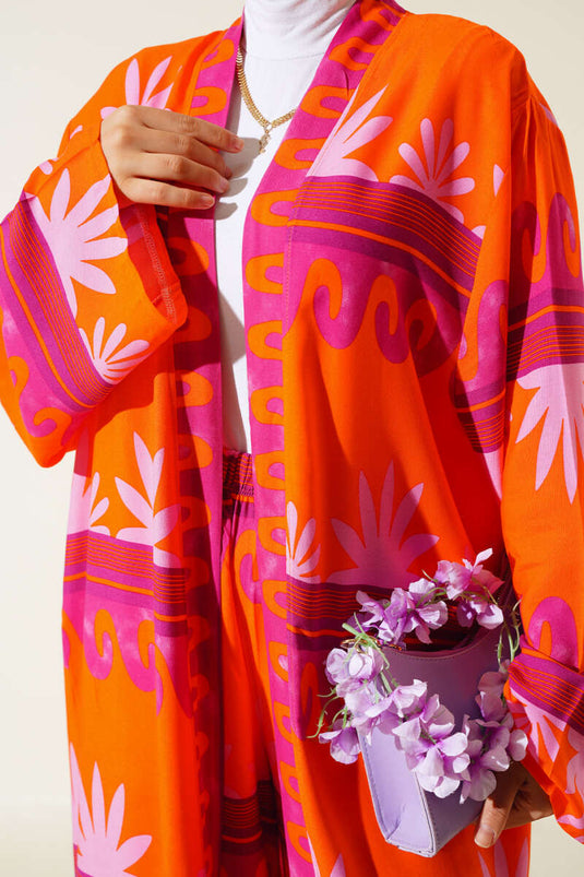 Ensemble Double Kimono Motif Ethnique Orange Fuchsia